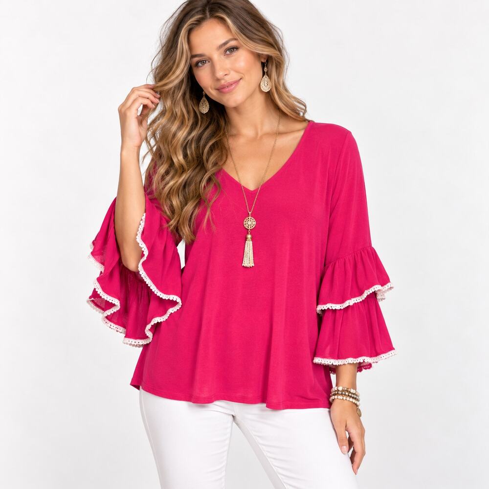 Susan Graver Liquid Knit Blouse Women's Size M Pink Bell Sleeves Boho Office